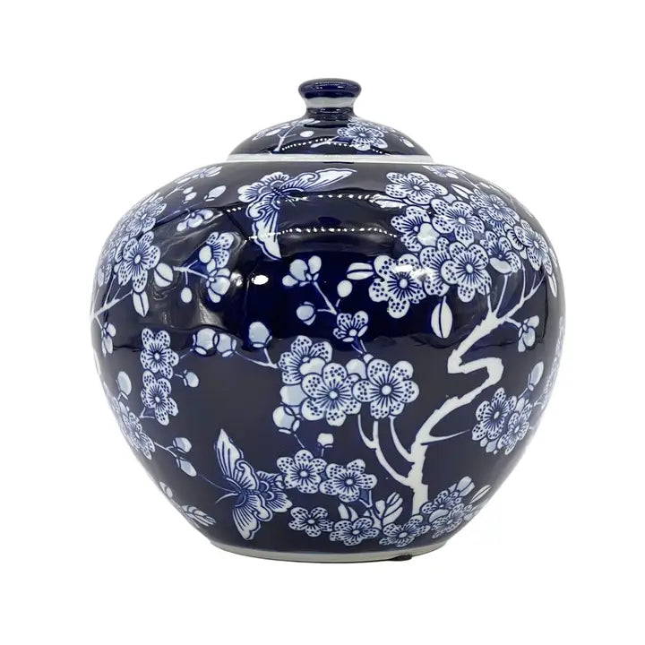Dark Blue Lotus Flower Ceramic Chinoiserie Ginger Jar 8"