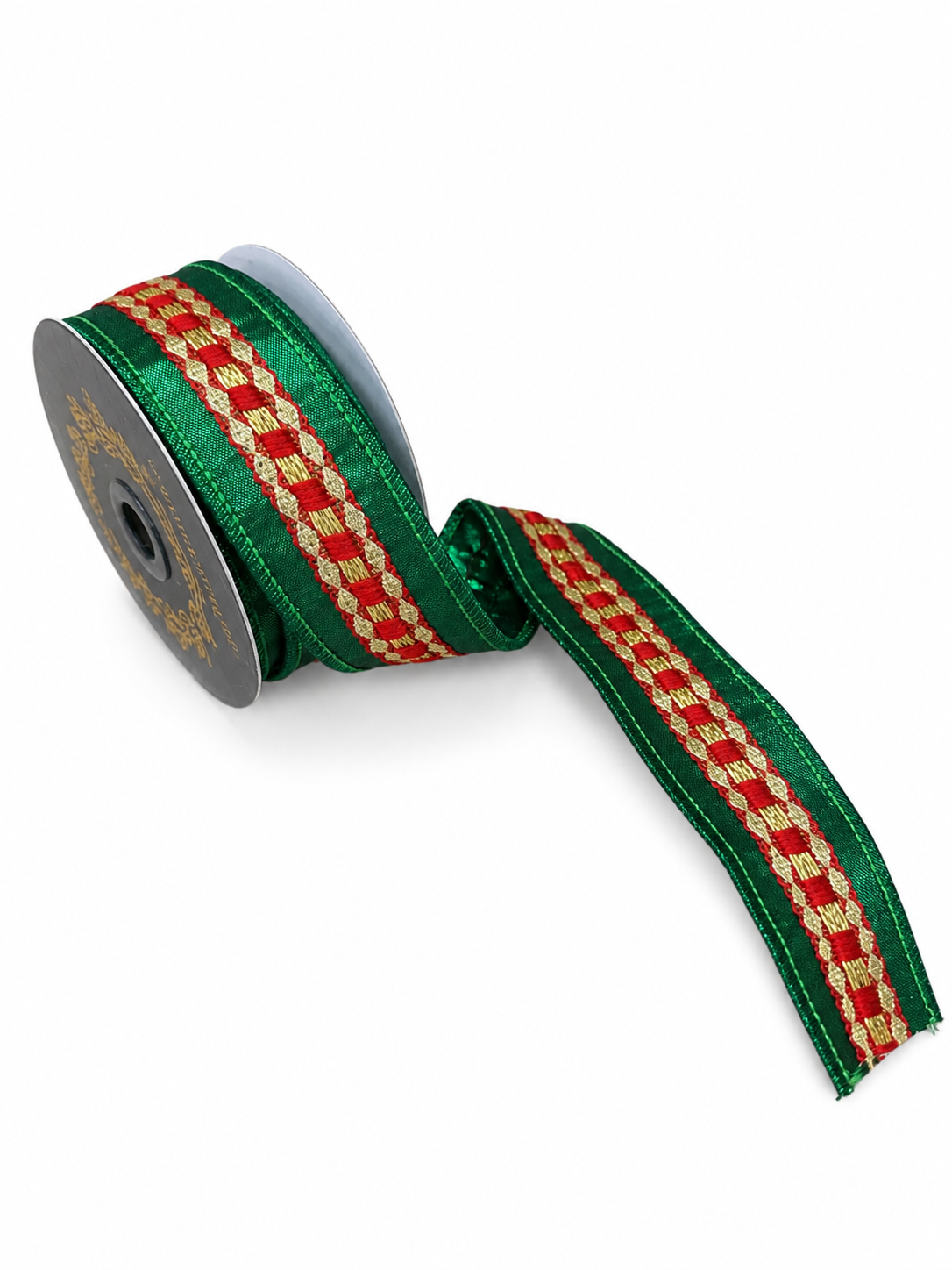 JME Red & Green Trim Metallic Dupion-1.5”x5YD