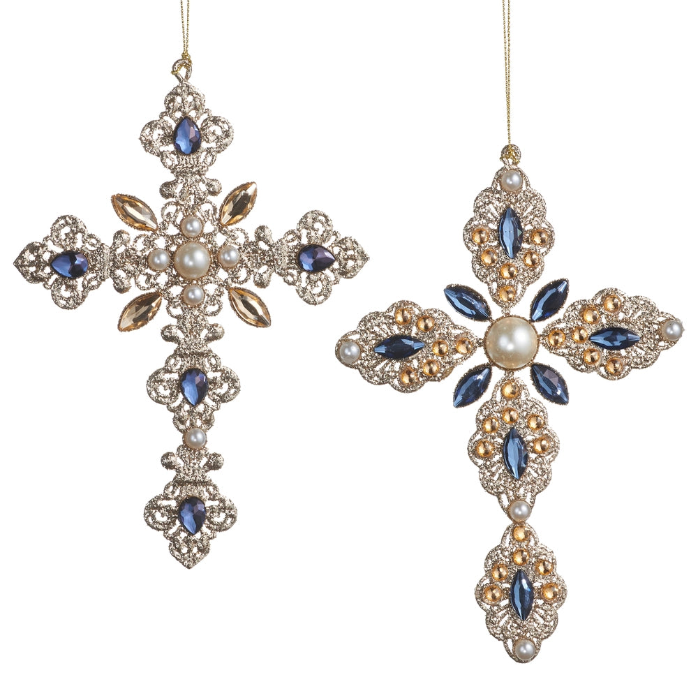7.5" Silver & Blue Cross Ornament, 2 Styles