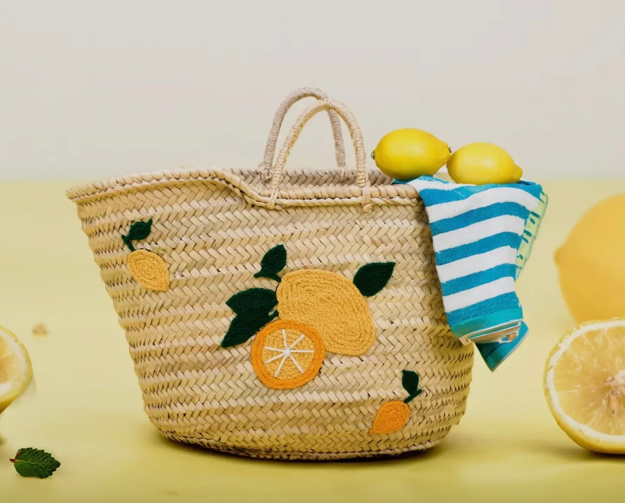 Hand Embroidered Straw Tote Bag