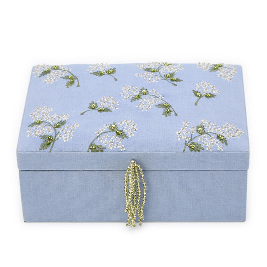 Hydrangea Embroidered and Embellished Linen Fabric Jewelry Box with Beaded Tassel Puller