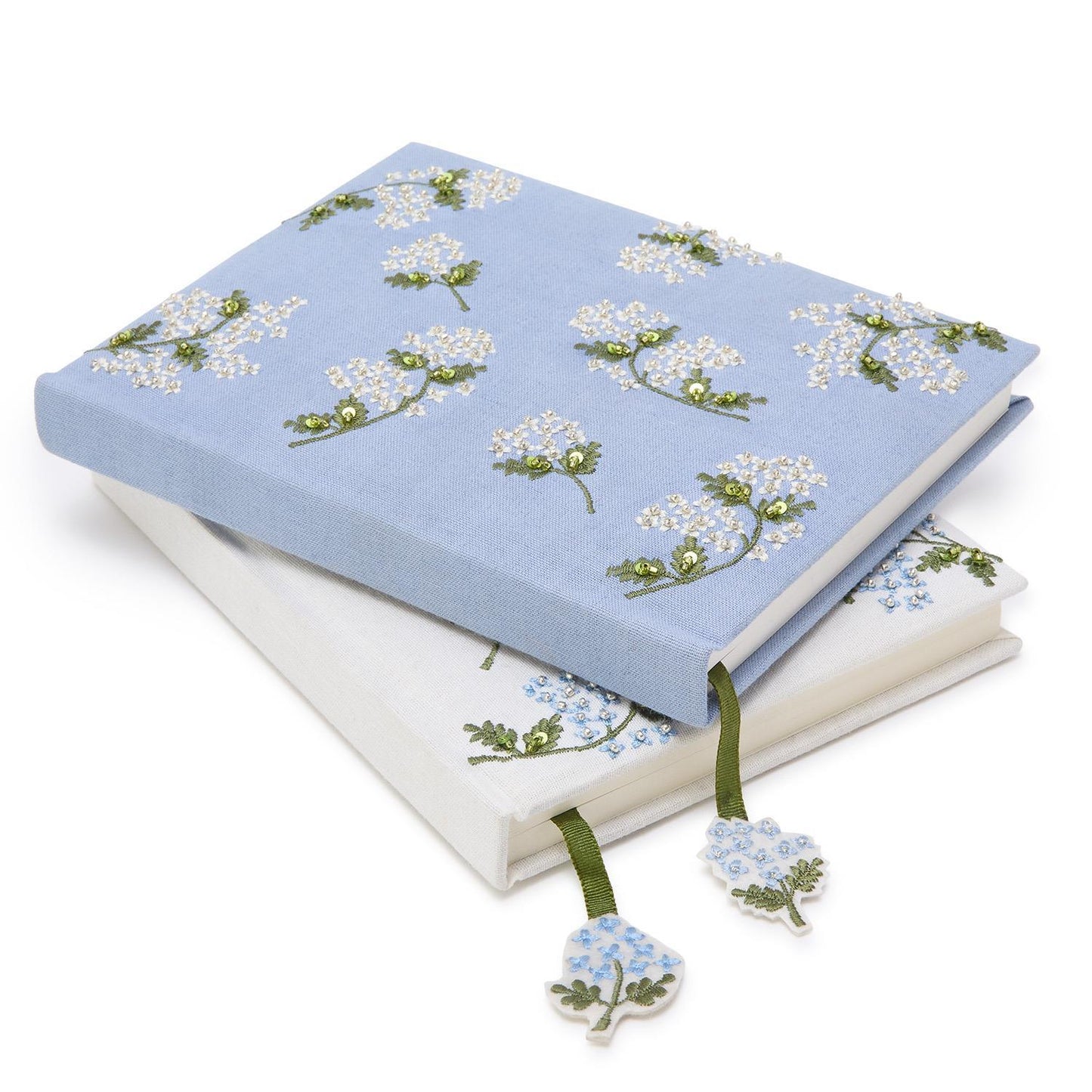 Hydrangea Embroidered and Embellished Linen Fabric Journal Assorted 2 Color: White and Blue