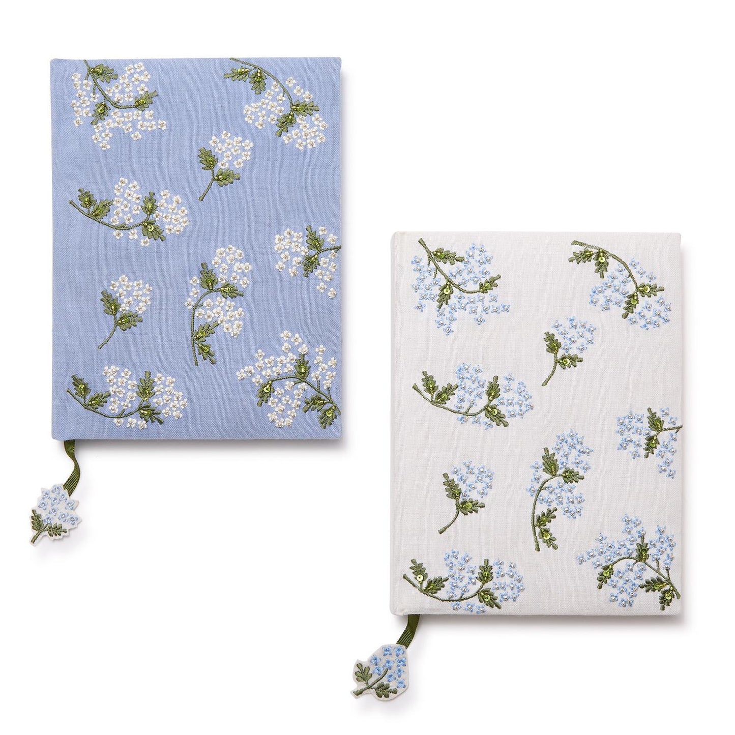 Hydrangea Embroidered and Embellished Linen Fabric Journal Assorted 2 Color: White and Blue