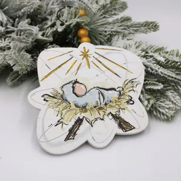 Jesus in a Manger Wood Ornament