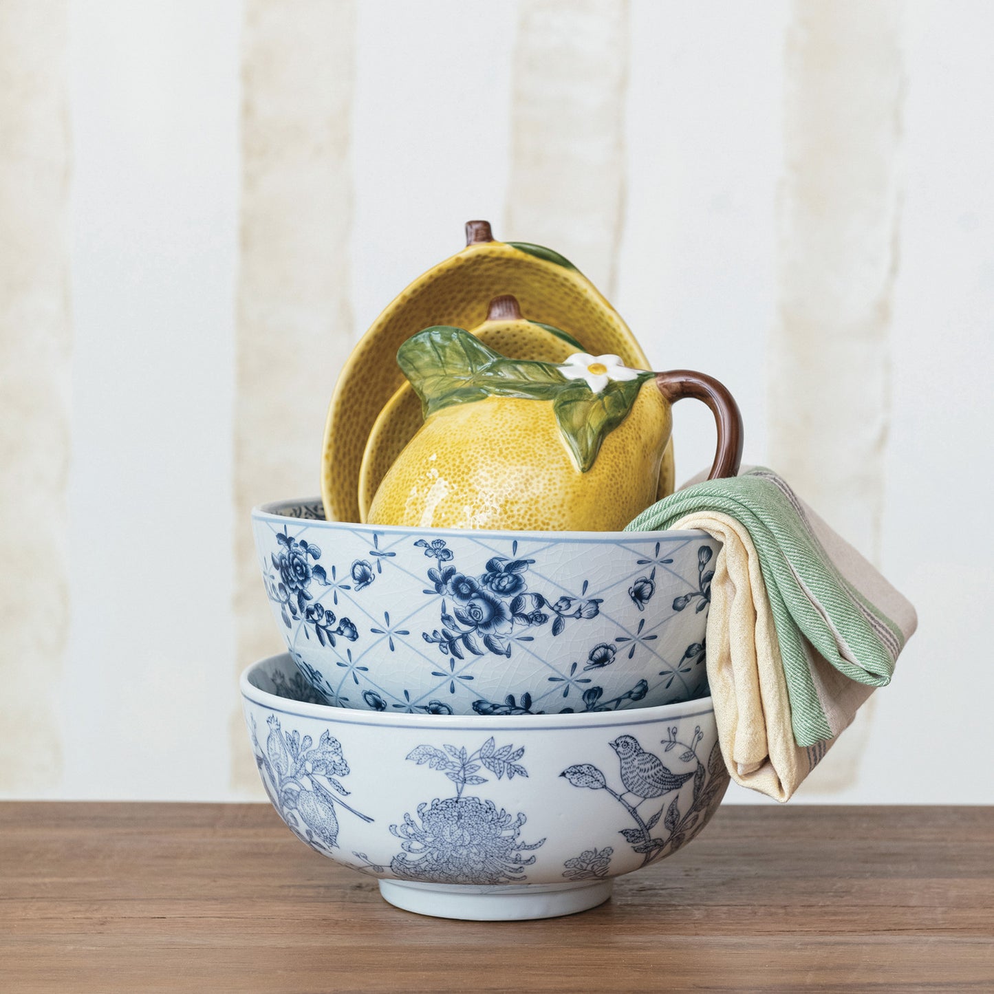 Hand-Stamped Stoneware Bowl w/ Birds & Botanicals