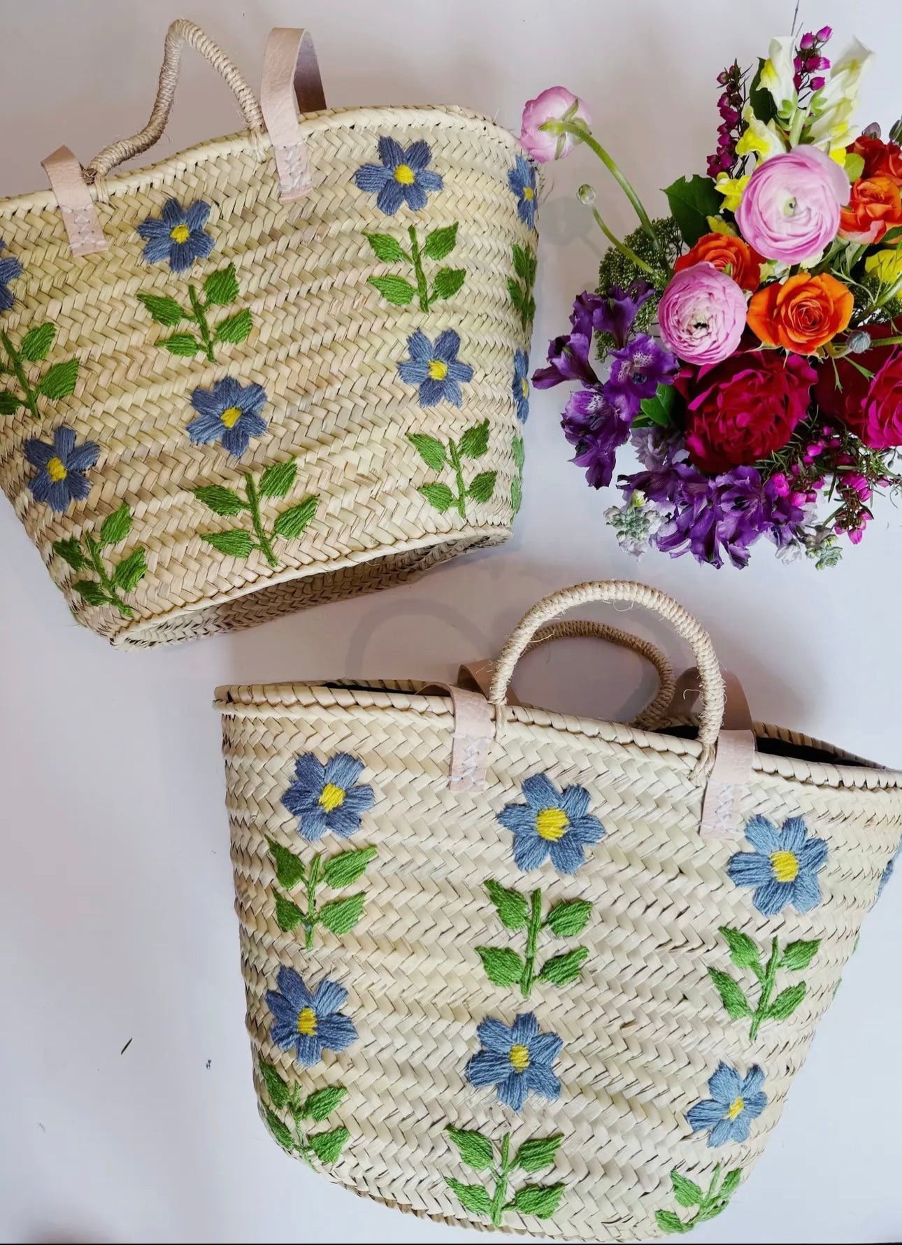 Hand Embroidered Straw Tote Bag