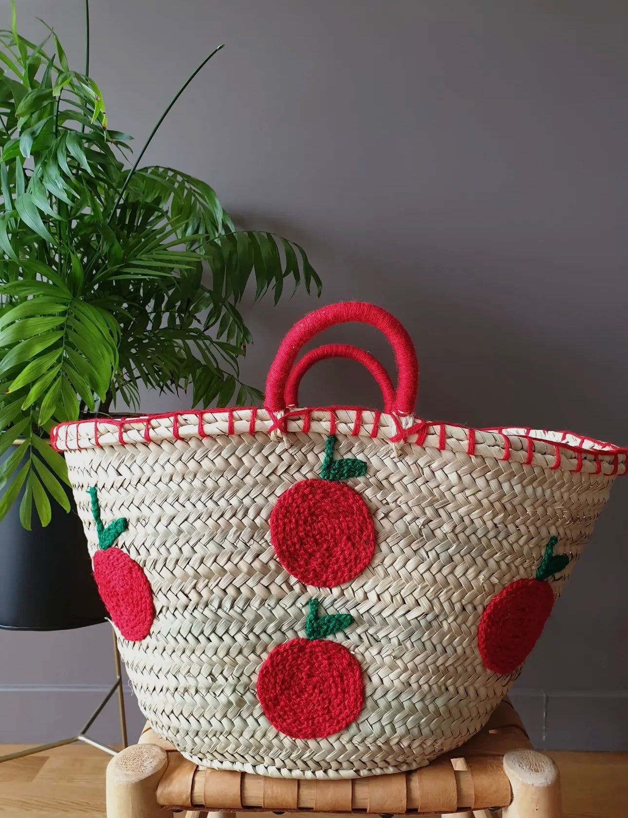 Hand Embroidered Straw Tote Bag