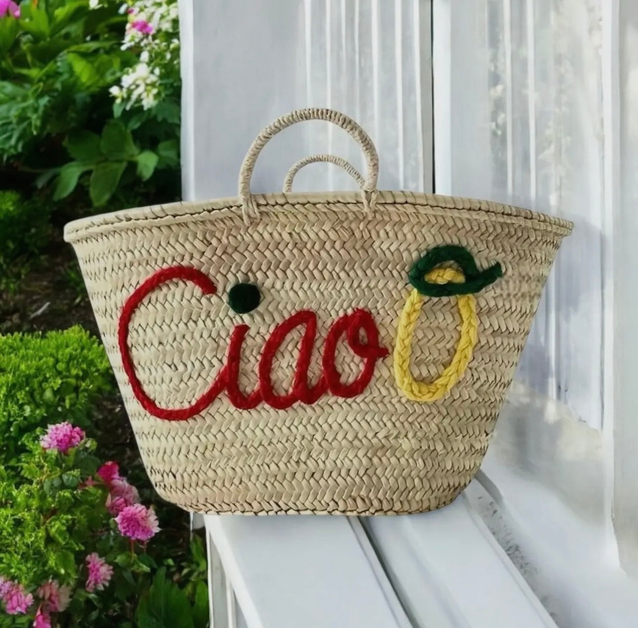 Hand Embroidered Straw Tote Bag