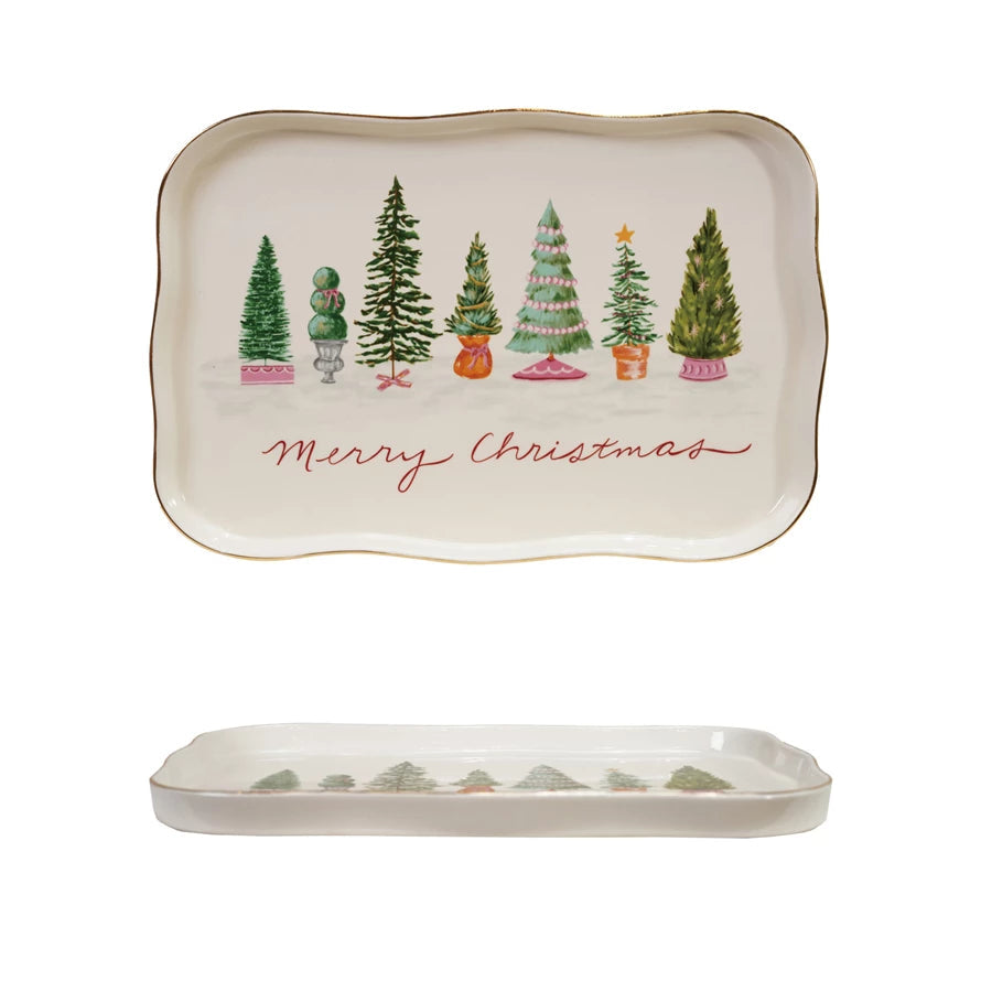'Merry Christmas' Scalloped Platter w/ Trees