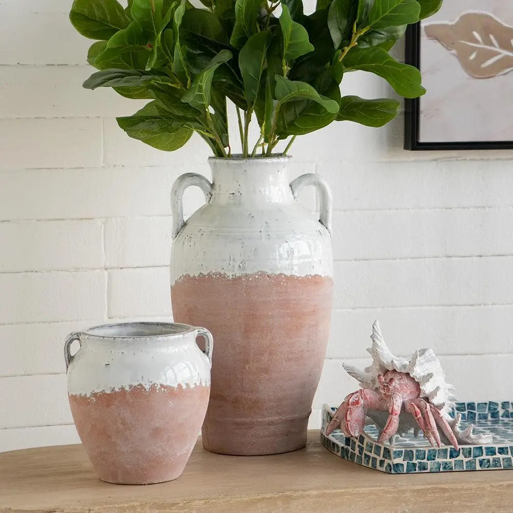 Round Terra Cotta Vase with Distressed White Tan