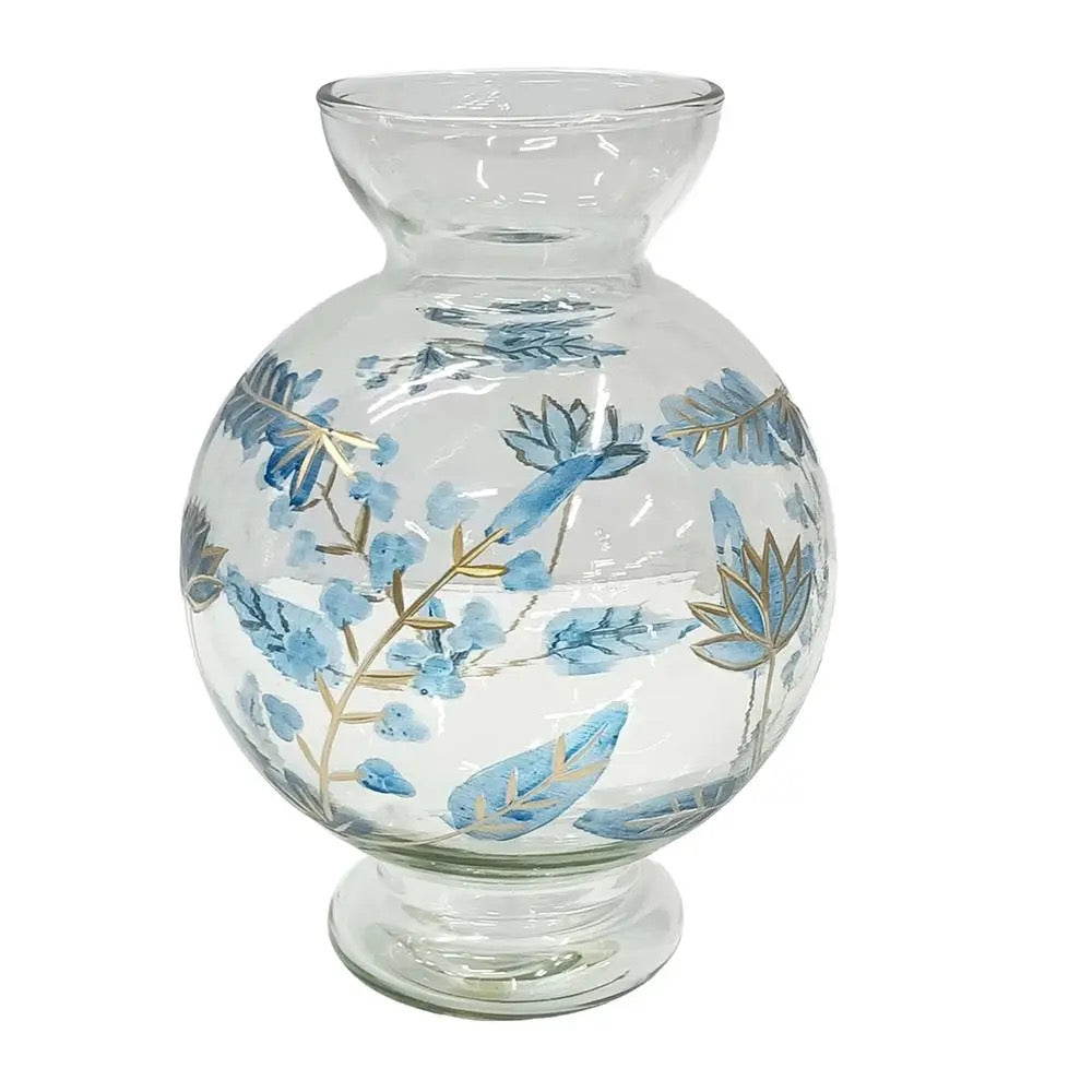Round Glass Pedestal Vase Blue Gold Botanical