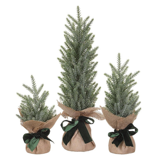 9"-16.5" Frosted Pine Tree in Burlap Bag- 3 Sizes