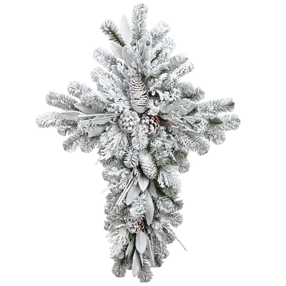 30" Snowed Pine Cone & Pine Cross