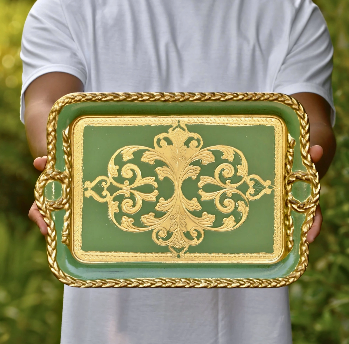 Florentine Carved Gilded Wood Rectangle Tray with Handles