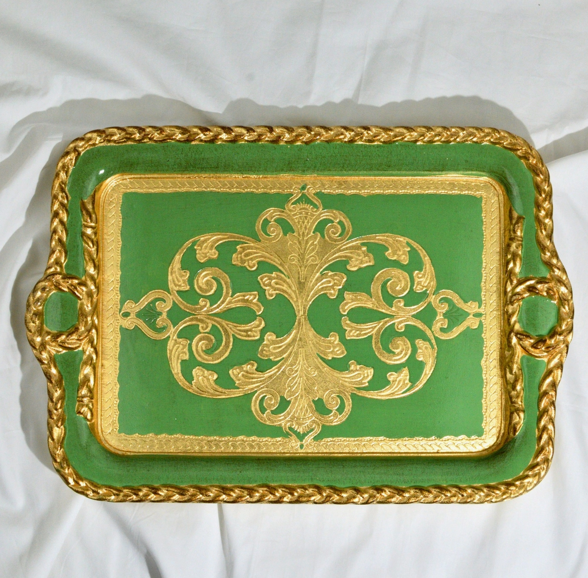 Florentine Carved Gilded Wood Rectangle Tray with Handles
