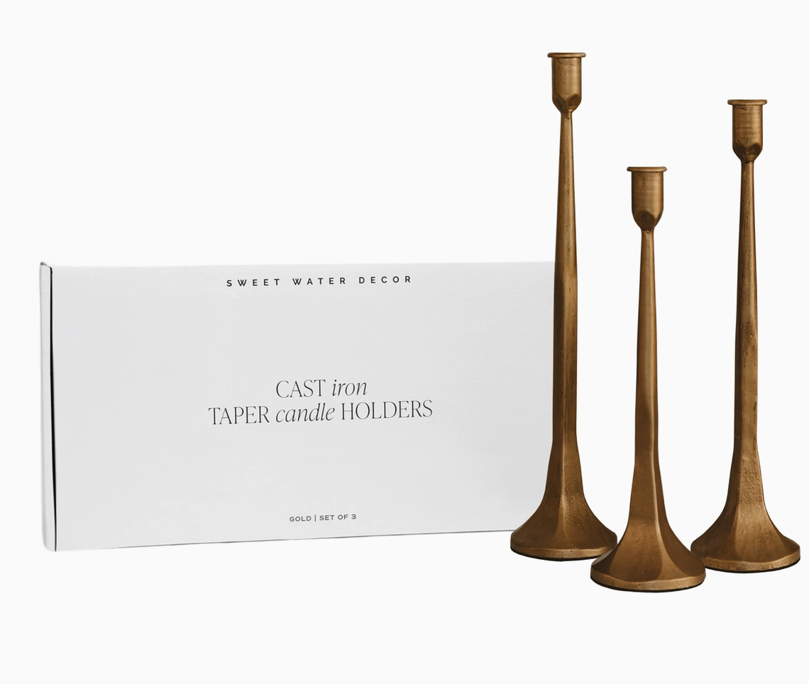 Gold Cast Iron Taper Candle Holders, Set of 3