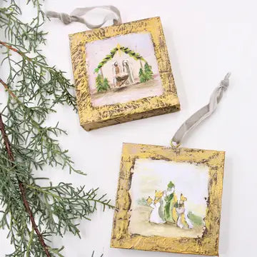 Gold Distressed Nativity & Wisemen Block Ornament