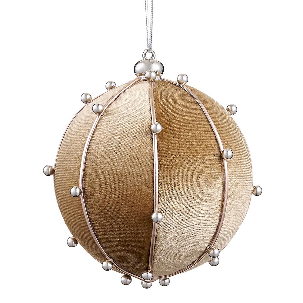 Silver Beaded Velvet Ball Ornament-Taupe, 2 Sizes