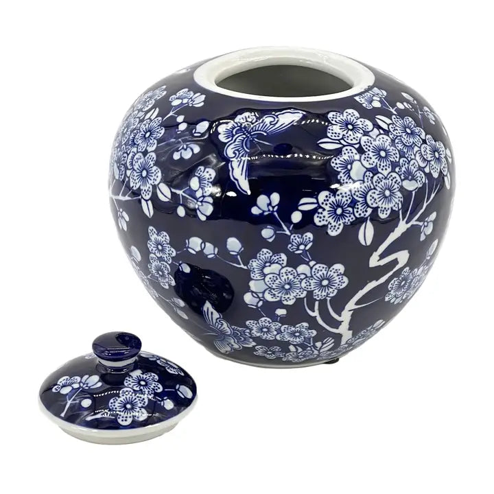 Dark Blue Lotus Flower Ceramic Chinoiserie Ginger Jar 8"