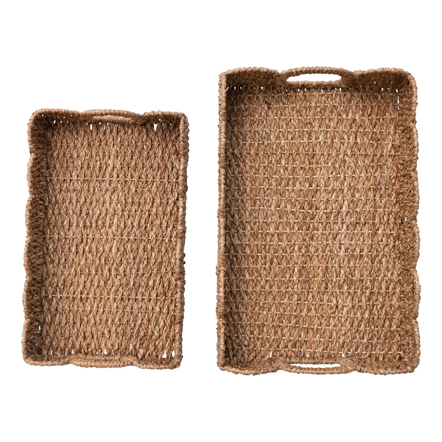 Decorative Braided Bankuan Trays w/ Handles & Scalloped Edge, Set of 2