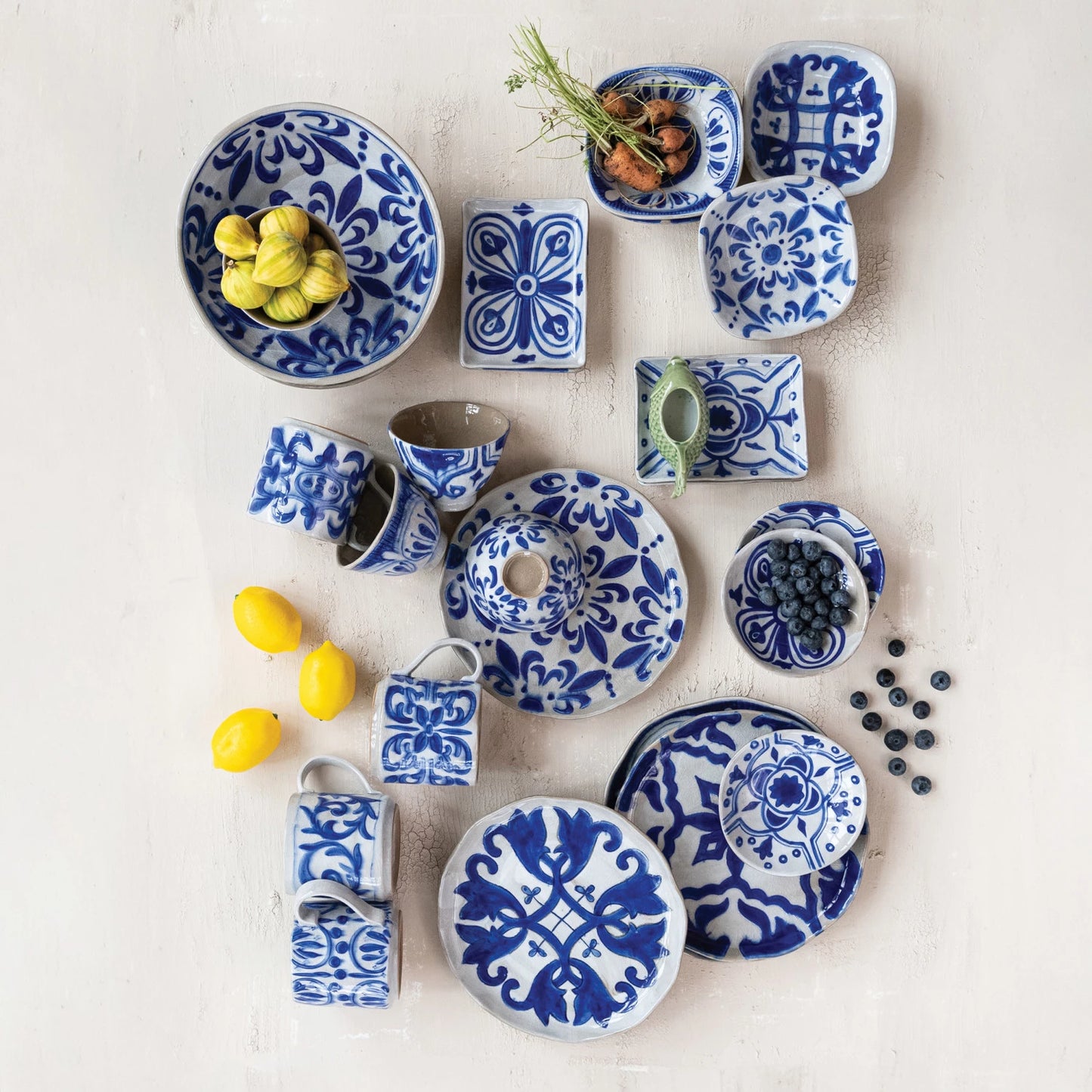Blue & White Hand-Painted Stoneware Footed Dish, Design Varies