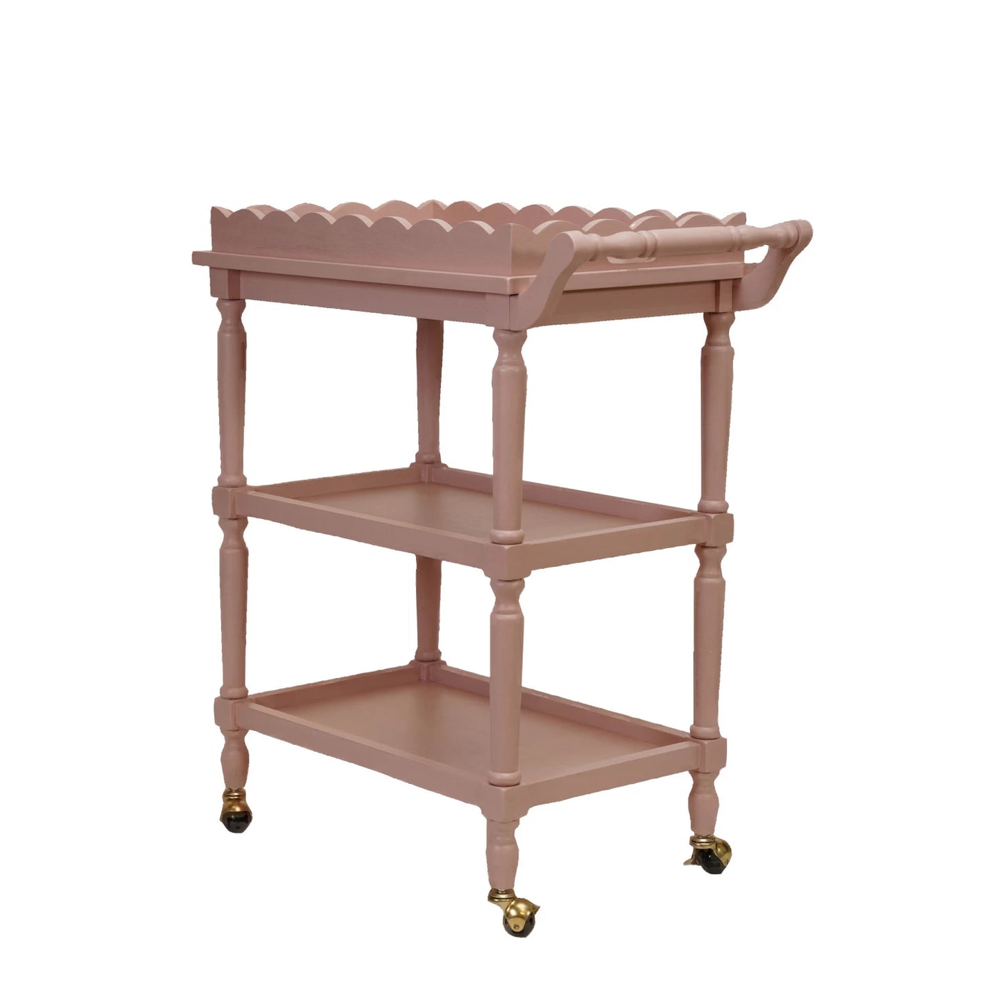 Pink Wood 3-Tier Bar Cart on Casters with Removable Tray