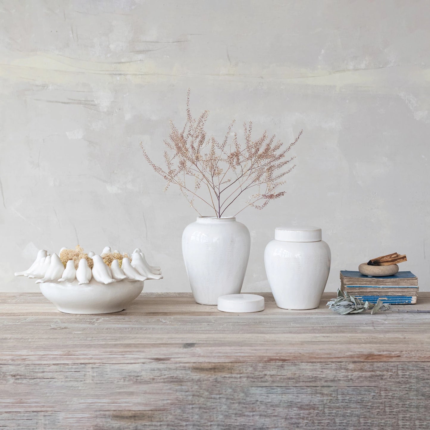 White Decorative Stoneware Bowl/Planter w/ Birds on Rim