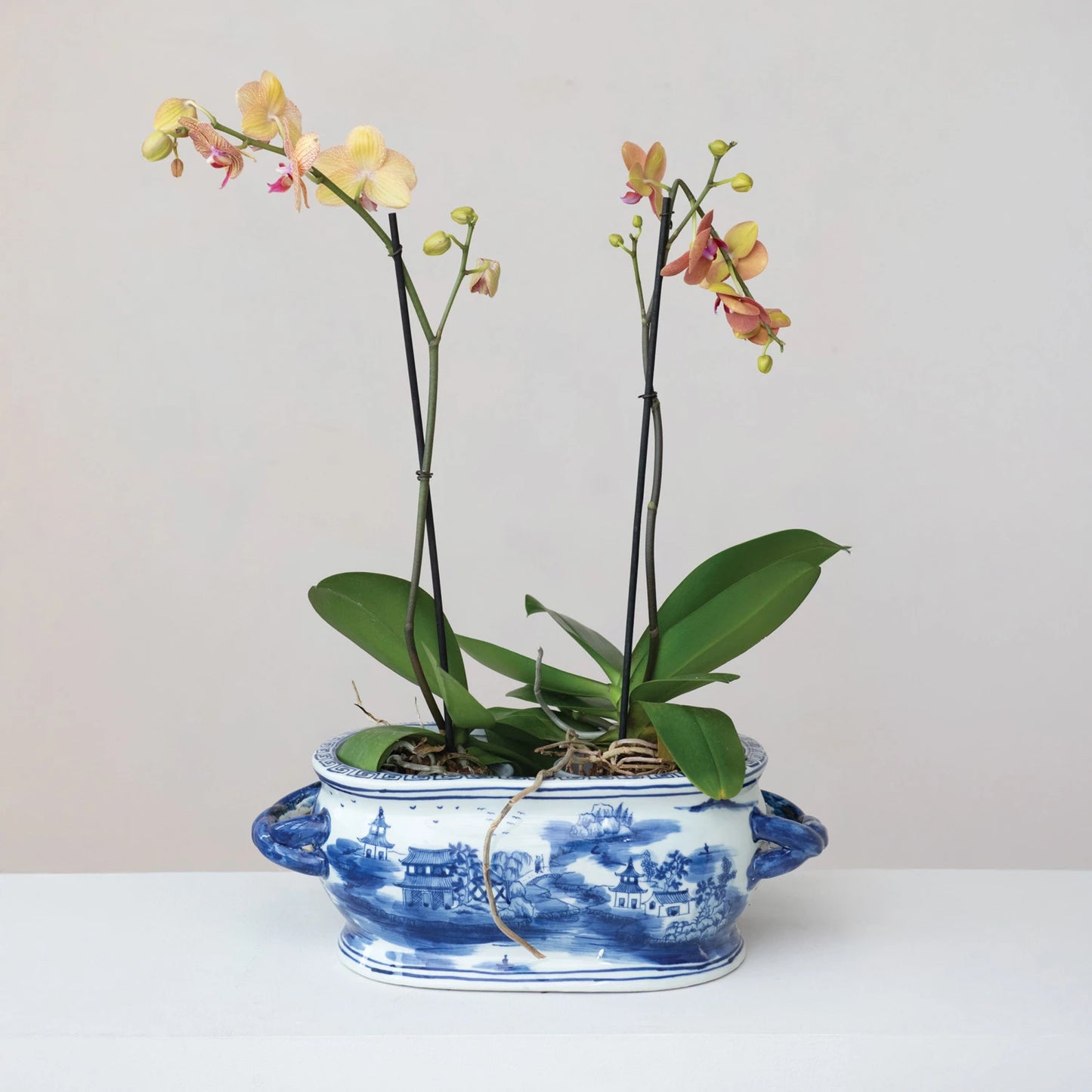 Blue & White Oval Hand-Painted Stoneware Vintage Planter