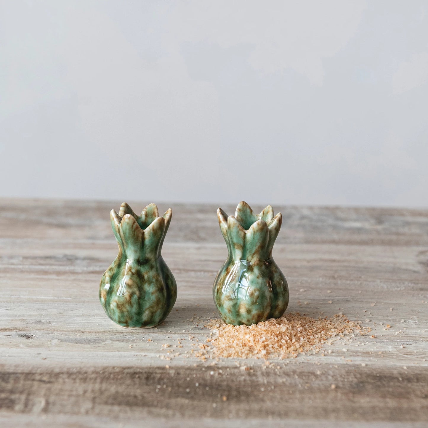 Green Stoneware Flower Shaped Salt & Pepper Shakers