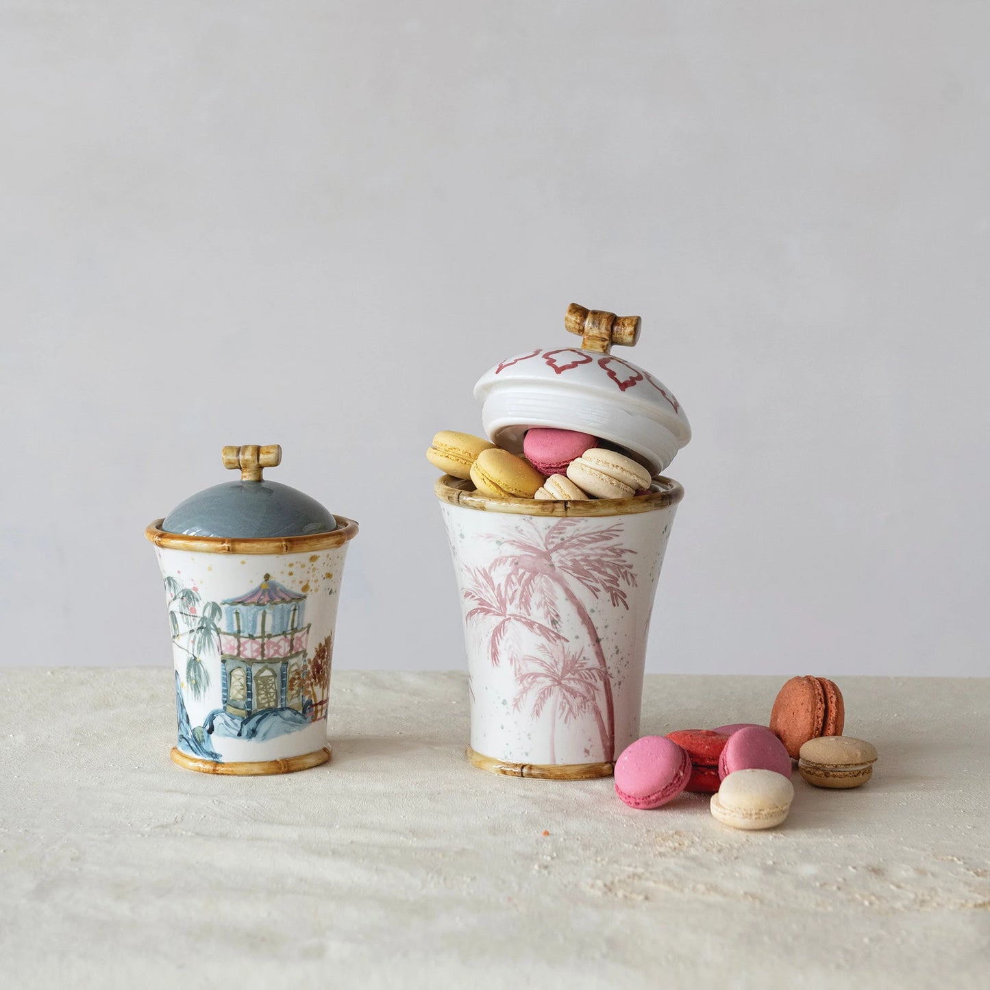 Hand-Painted Stoneware Canister w/ House, Palm Tree & Bamboo Style Edges