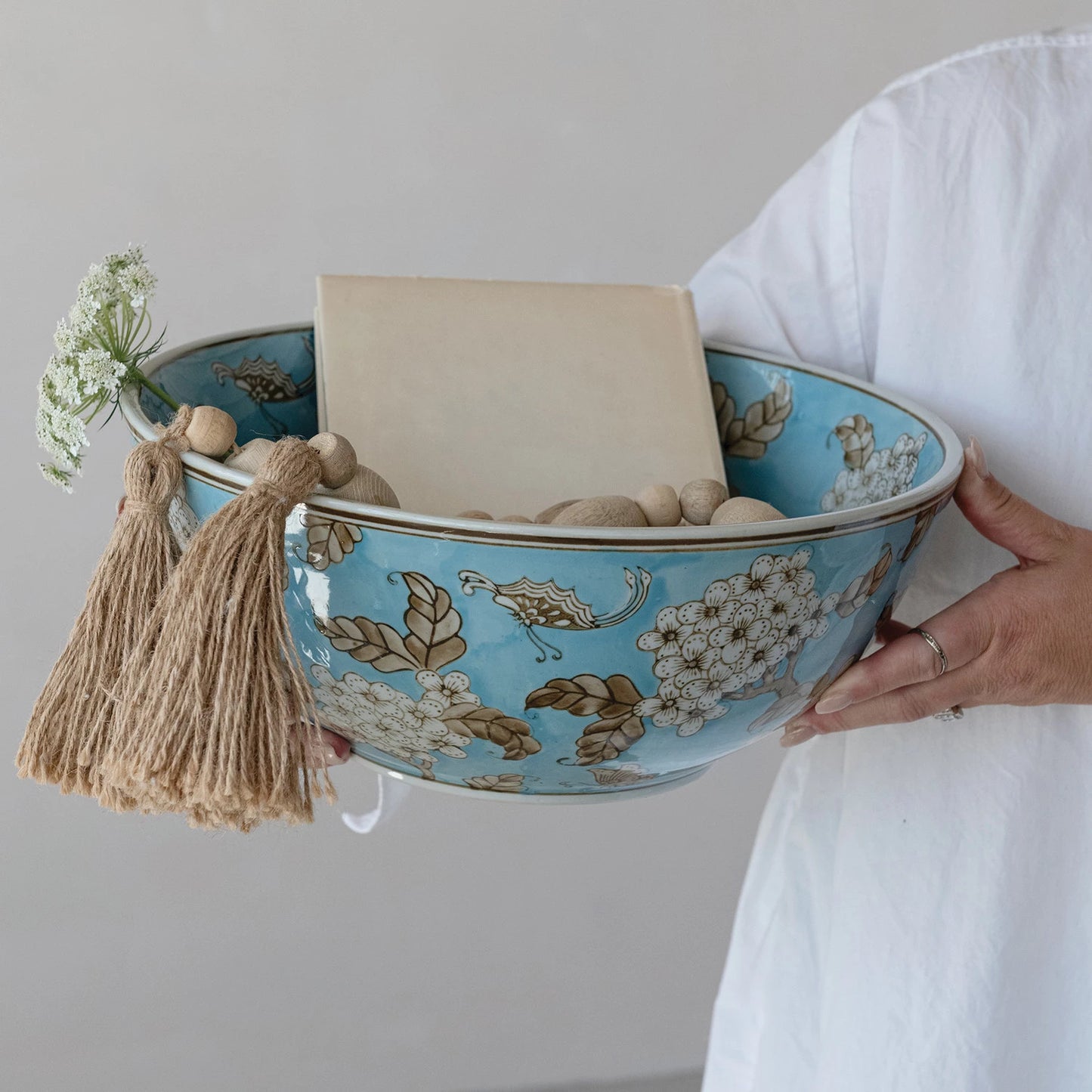 Hand-Painted Stoneware Serving Bowl w/ Cherry Blossoms