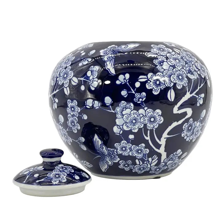 Dark Blue Lotus Flower Ceramic Chinoiserie Ginger Jar 8"