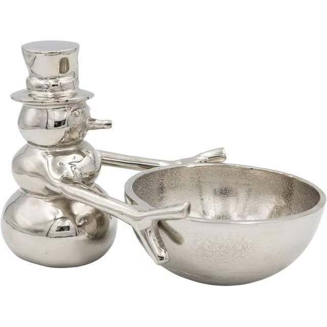 Cast Aluminum Snowman Holding Bowl, Nickel Finish