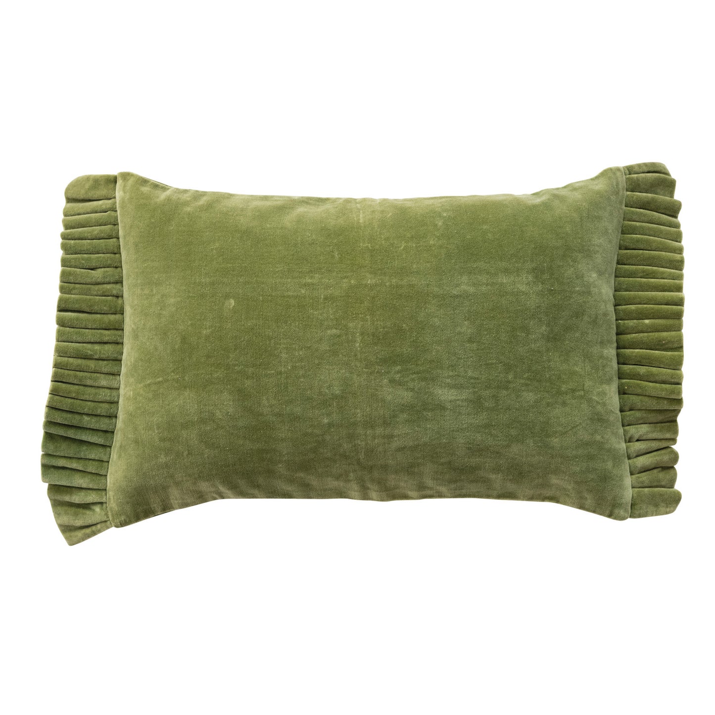 Green Cotton Velvet Lumbar Pillow w/ Ruffle Trim