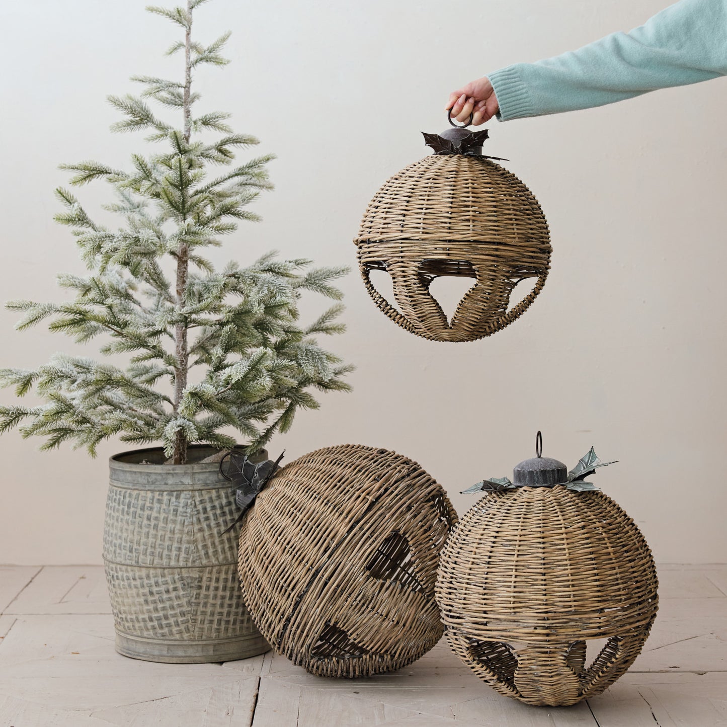 Hand-Woven Rattan Bell w/ Natural Metal Leaves, 3 Sizes