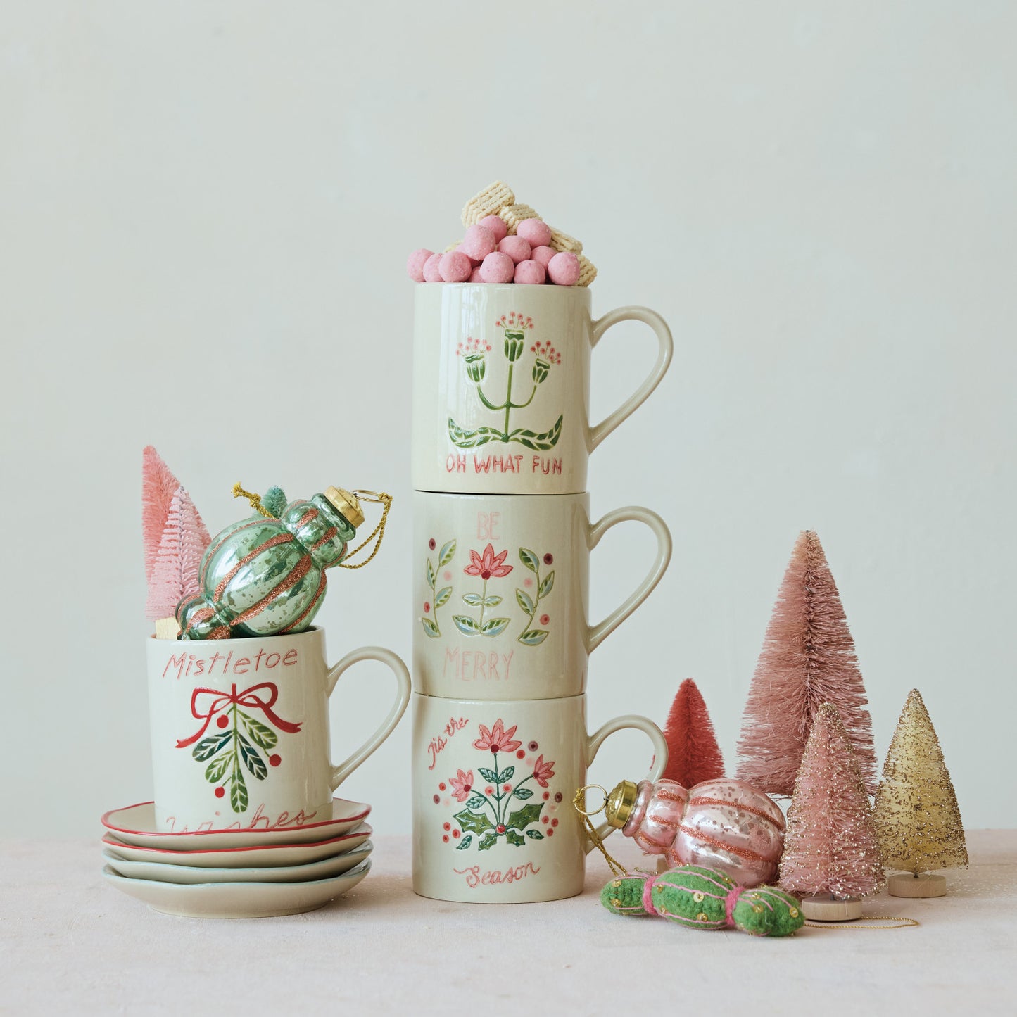 14 oz. Hand-Painted Stoneware Mug w/ Holiday Botanicals & Saying, 4 Styles