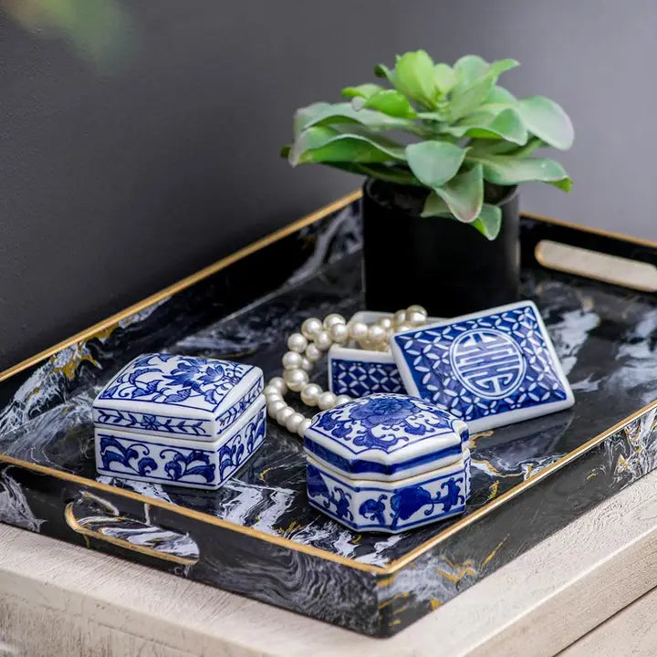 Leith Blue & White Decorative Boxes, Set of 3