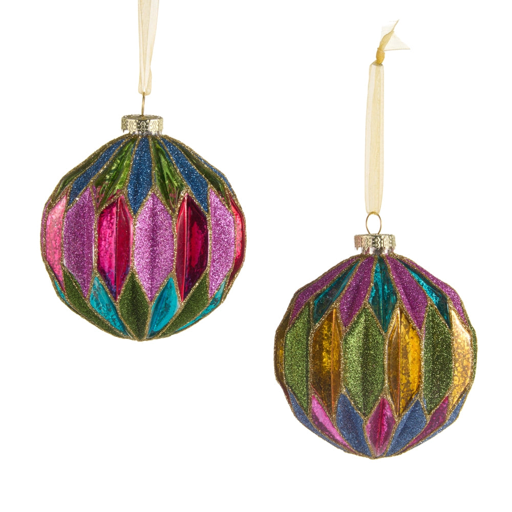 4" Antiqued Glitter Multicolor Ball Ornament, 2 Colors