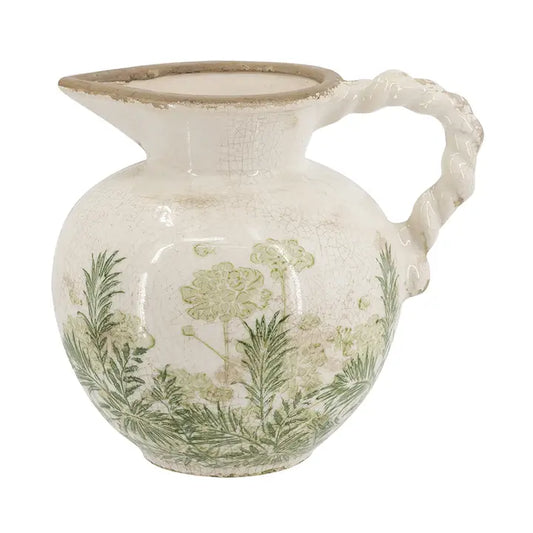 White Ceramic Vase w/ Green Floral Motif