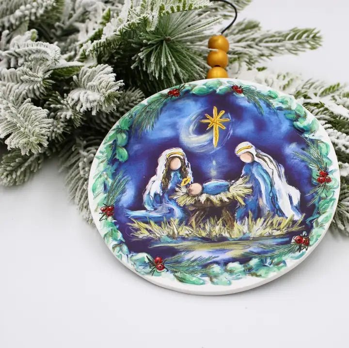 6" Holy Family Round Wood Ornament