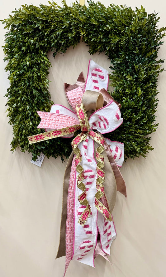 Pink & White Stripe Candy Cane And Tweed Bow