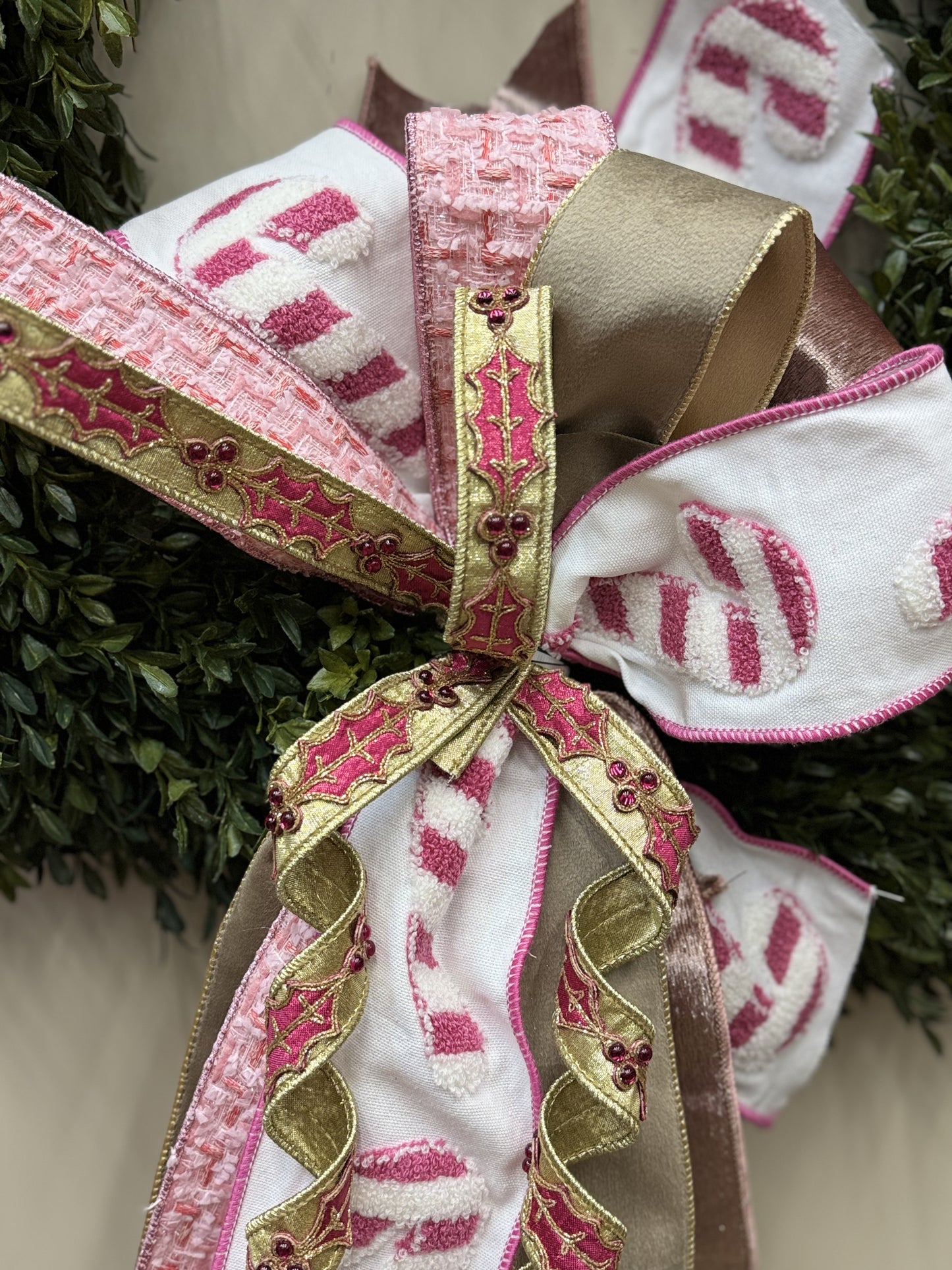 Pink & White Stripe Candy Cane And Tweed Bow