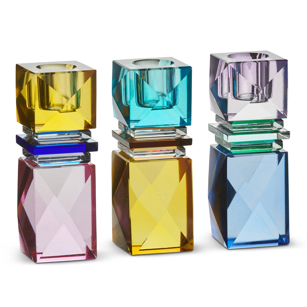 4.5" Multicolor Square Cut Crystal Candle Holder, 3 Colors