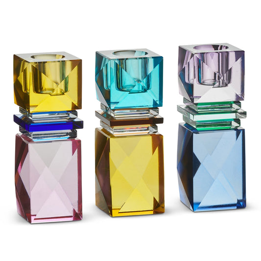 4.5" Multicolor Square Cut Crystal Candle Holder, 3 Colors