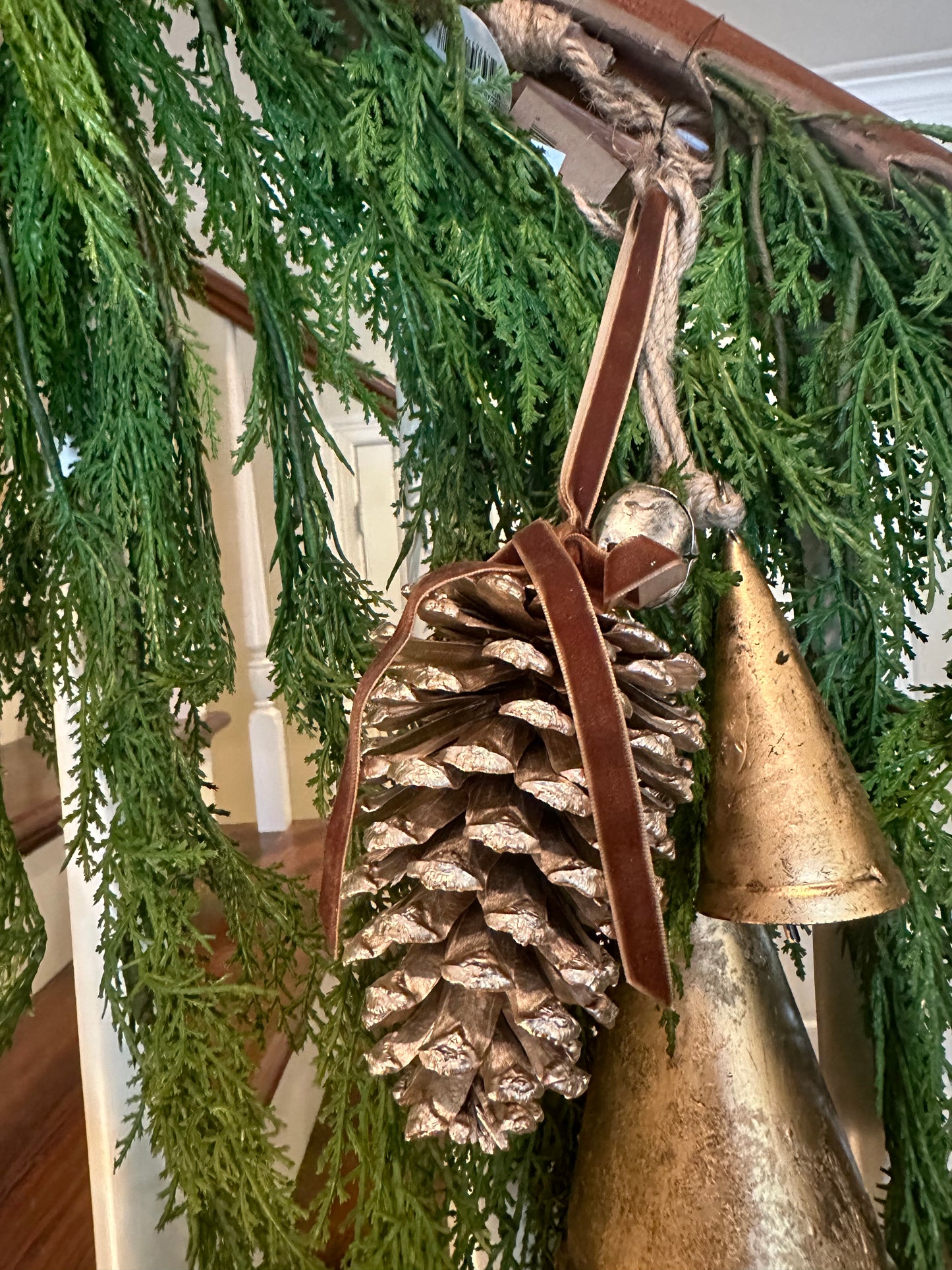 6” Champagne Hanging Jumbo Pine Cone w/ Bell