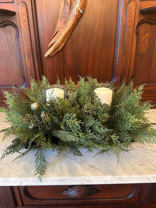 29” Eucalyptus Seed/Pod/Mixed Pine Centerpiece w/ Glass Candleholders