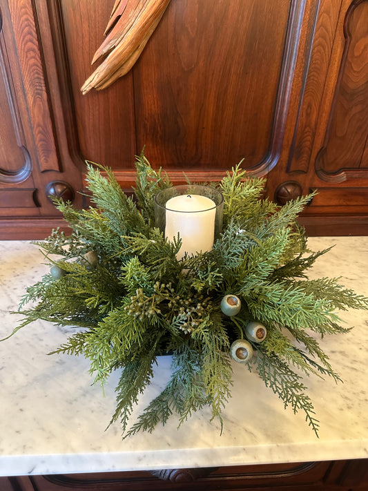 20” Eucalyptus Seed/Pod/Mixed Pine Centerpiece w/ Glass Candle Holder