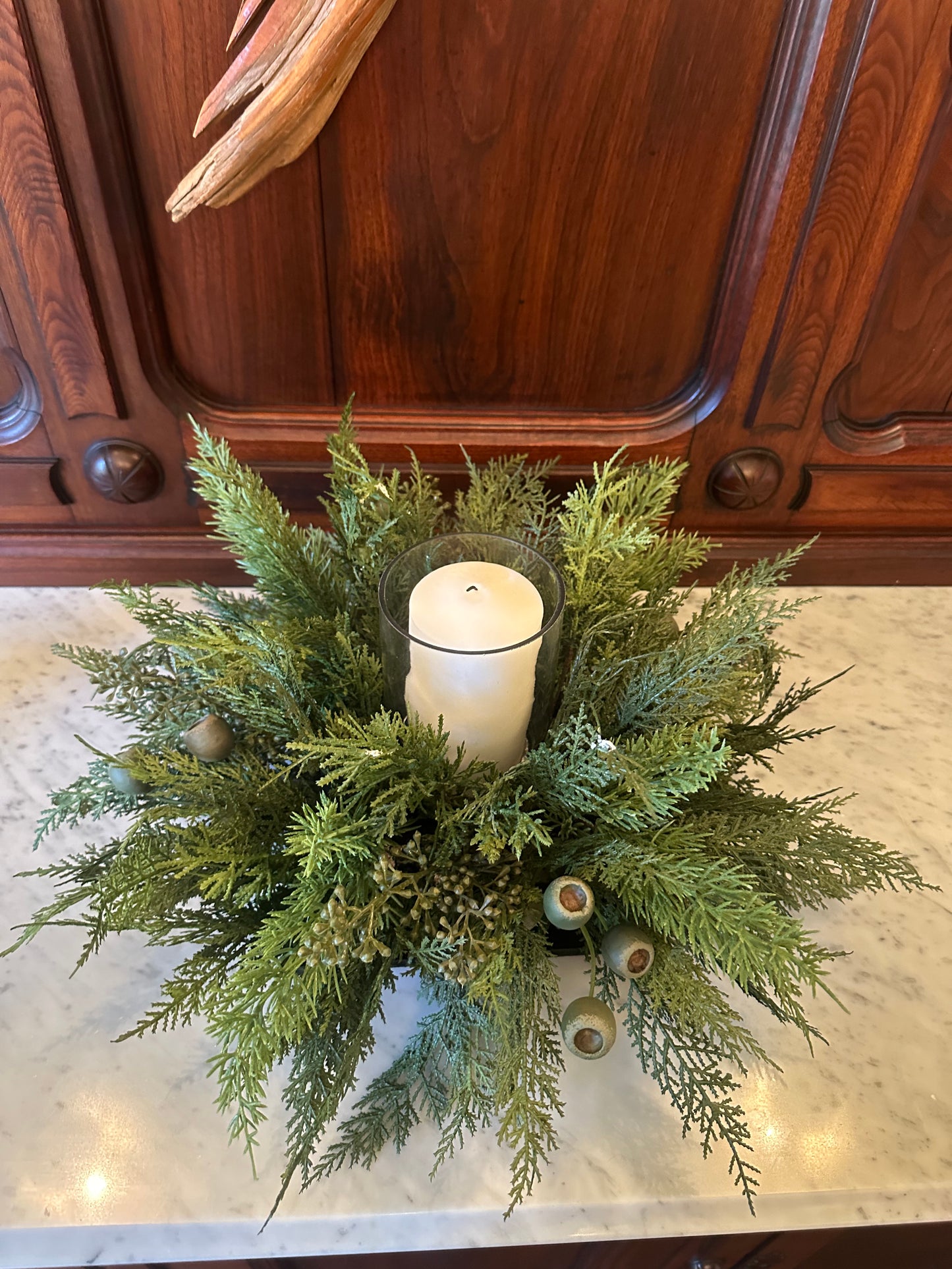 20” Eucalyptus Seed/Pod/Mixed Pine Centerpiece w/ Glass Candle Holder