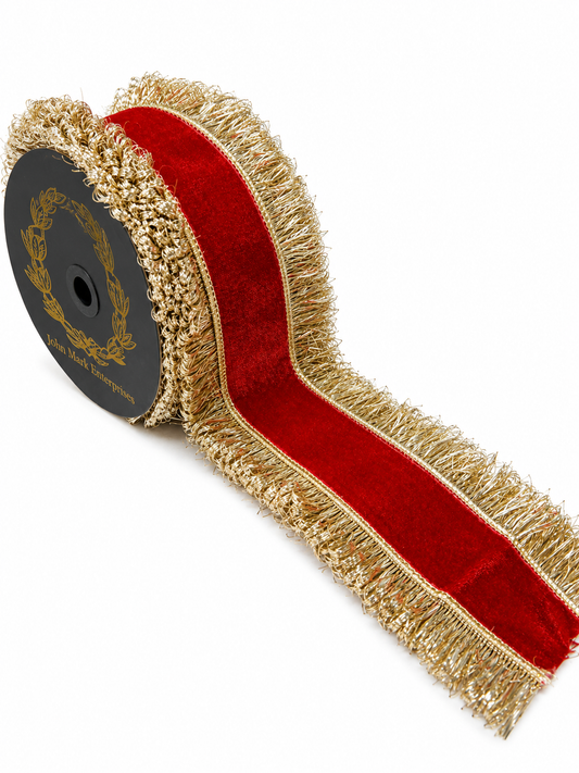 JME Red velvet w/ Gold Tinsel Trim-4”x10YD