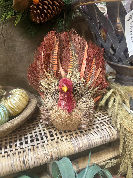 12" Sisal/Cone/Twig/ Fabric Feather Turkey